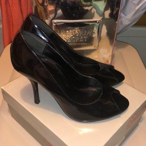 Delicious Black Patent Peep Toe Heels Women’s Size 7